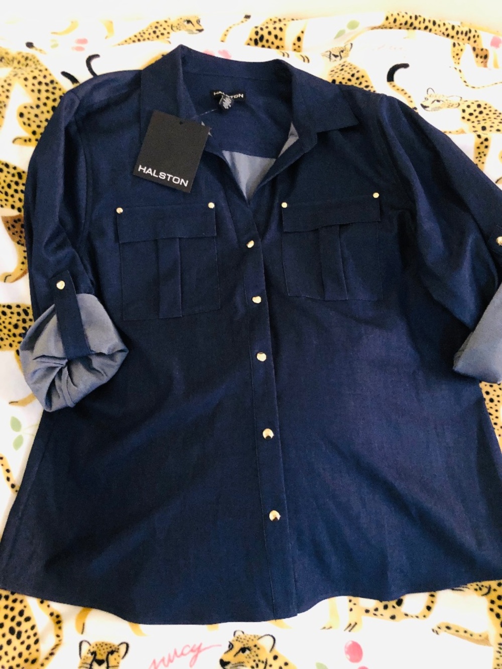 Halston Button Up Collared Denim Top in Marina SZ XL From Macys